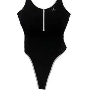 ALO Yoga Black Zip-Front Bodysuit with White Trim